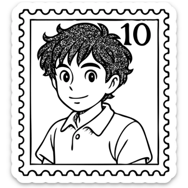 Create a detailed black and white stamp illustration with no grayscale, preserving the original style and all features. Keep the portrait, border, and number details exactly as in the original. Use only black and white colors with a transparent background. sticker