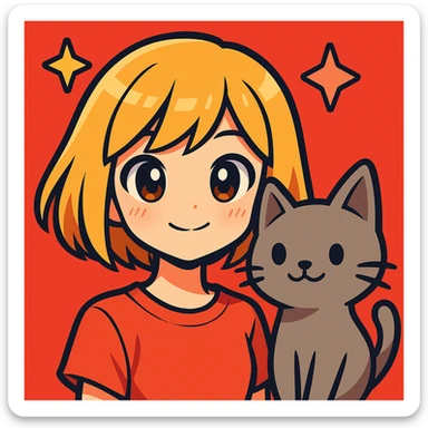 Change the girl's hairstyle to a short bob, keep blond hair, brown eyes, and a grey cat, in a vibrant anime-inspired style with bold colors and dynamic shading. sticker