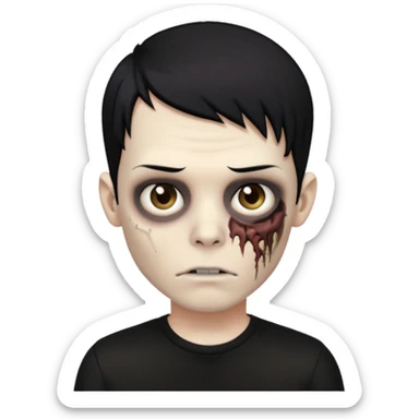 Zombie boy with emo black hair and a black shirt sticker