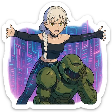  young woman with gold yellow eyes, white hair, long braid, black off-shoulder top, punk gothic style, futuristic cyberwave cyberpunk,, she is aggresively t-posing over a cowering doomguy sticker