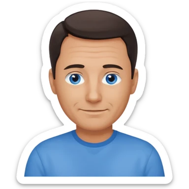 Middle aged man with tanned skin, receding dark hair and no beard, blue eyes, shy smile sticker
