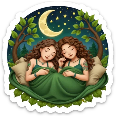 two forest alchemist women — one with long wavy brown hair and tattoos, one with short tight curly brown hair — sleeping back to back under leaf blanket crescent moon above sticker