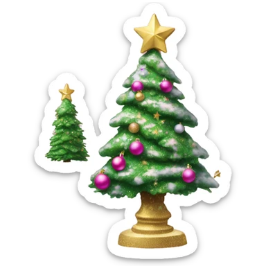 A Christmas tree with a little bit of snow on it  a big gold star and pink glittery odaments sticker