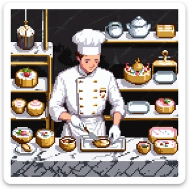 Ein eleganter Bäcker in weißer Uniform, arbeitet auf einer Marmorplatte mit Porzellanformen und goldverzierten Utensilien. Die Umgebung erinnert an eine klassische französische Patisserie. Interface wirkt wie graviertes Porzellan mit filigranen Mustern.
 sticker