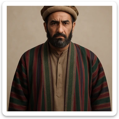 Pashtun man with a chapan coat, pakol hat, serious expression, neutral background sticker