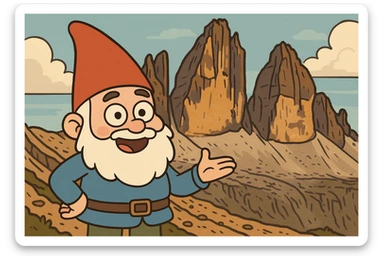 cute gnome with a red hat, posing before the dramatic Tre Cime di Lavaredo peaks in the Dolomites, cartoon style sticker