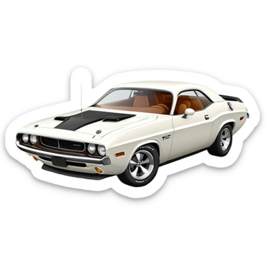 White 1971 Dodge Challenger with consistent proportions, accurate three-quarter view at 30 degrees, showing front grille, headlights and side profile in correct perspective, all white, iOS emoji style sticker