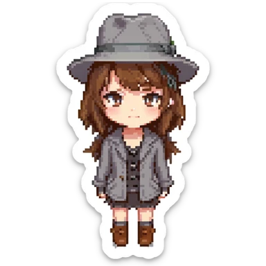 pixel art of a girl with brown hair and a grey fedora, chibi proportions sticker