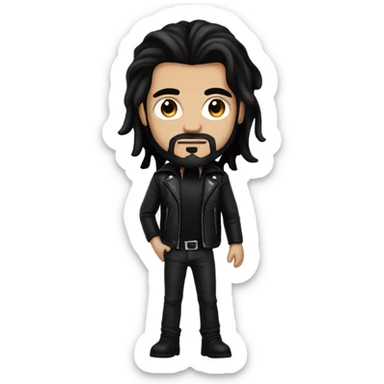 Man with long black hair, black goatee, square jawline, eyeliner, black leather jacket, black pants, black shirt and pentacle necklace sticker