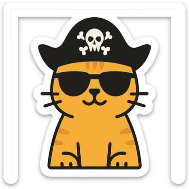 flat toon style cat wearing sunglasses and a pirate hat sticker