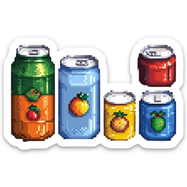 Four pixelated canned food items in a row, different colored cans sticker