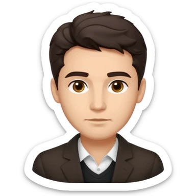 He’s a man with light to medium skin, a defined oval face, full brows, deep-set eyes, and wavy short dark brown hair styled with height, sides are trimmed. expression calm and focused relaxed black open-collar .polished, articulate, and coach vibe. sticker