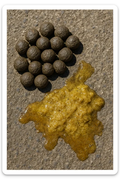 feci di animale a palline viste dall'alto e feci di animale liquide e gialline viste dall'alto, iperrealistico 4k sticker