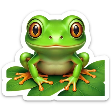 Cinematic Comical Green Tree Frog Portrait Emoji, Head tilted dramatically with an exaggeratedly amused expression, featuring a small, vibrant green body with wide, comically expressive eyes and quirky, textured skin, Simplified yet hilariously expressive features, highly detailed, glowing with a slightly sassy jungle glow, high shine, dramatic yet playful, stylized with an air of cheeky tropical mischief, soft glowing outline, capturing the essence of a meme-worthy green tree frog that looks ready to leap its way into viral fame! sticker