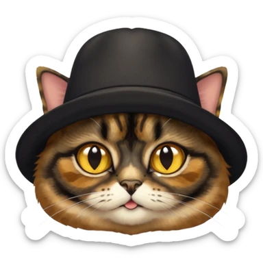 mostly black tortie cat, gold eyes, british hat sticker