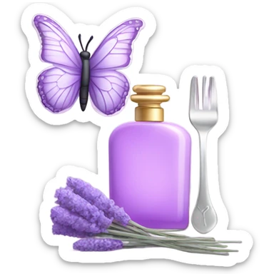  pastel violet butterfly resting on an elegant lavender perfume bottle with fork pink details. sticker