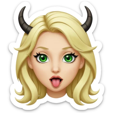 Emoji femme blonde habillée en noir cheveux blond, yeux vert avec de long cils noir qui tire la langue et à des cornes  sticker