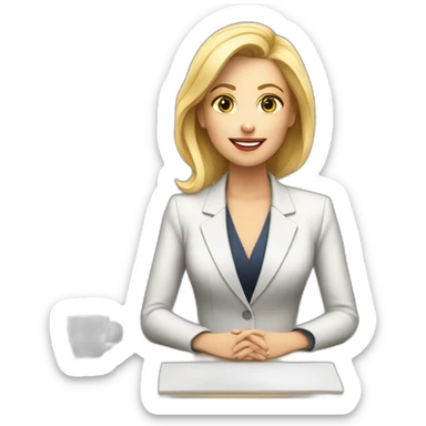 Blonde white woman wearing a suit sitting on the table telling the news towards the camera sticker