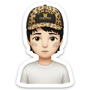 Boy with black hair and a cap that has the phrase #jimmy written on it with cheetah print texture, and white shirt emoji emo sticker