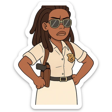 black detective with dreads, aviator sunglasses, white skirt, shoulder holster, cartoon style, hands on hips sticker