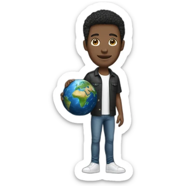 a guy with a miniature earth as a head without any facial features. the guy is wearing a layered black and white shirt jeans and plain white shoes sticker