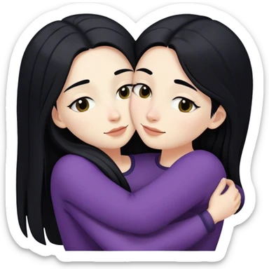 A lesbian couple with white skin and long black hair hugging intimately sticker