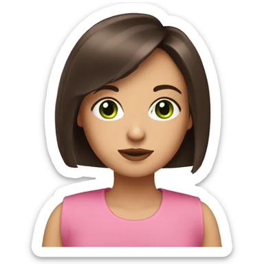 brunette with bob haircut with green eyes with pink book sticker