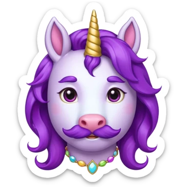 unicorn face with big thick mustache cute and purple haired and earrings sticker