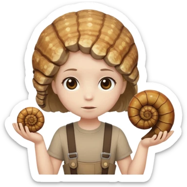 Shelly has a small, chibi-style body with a large ammonite-shaped head that looks like a beige fossil shell. One side of her head has a dark opening, making it clear she isn’t human. Her face is simple and soft, with big round eyes. She wears a brown suspender outfit over a lighter shirt sticker