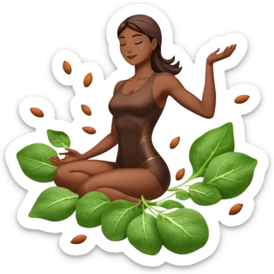 Spinach leaves, almonds, dark chocolate, and seeds floating around a relaxed body silhouette. Light beams flowing from these foods to the body's muscles and nervous system, creating a soothing, calming effect visualized as a gentle glow throughout the body. sticker