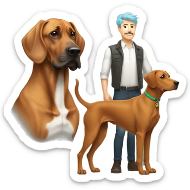white male with rainbow colored hair and curled mustache standing alongside a brown rhodesian ridgeback dog sticker