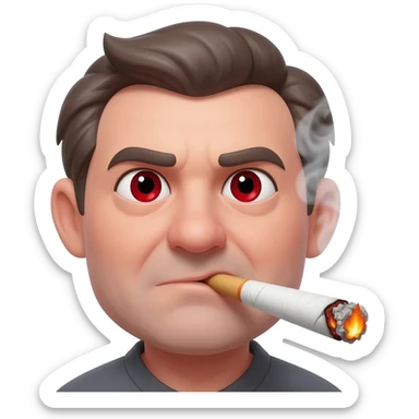 Chubby goofy looking middle aged  white guy with dark brown, but graying hair and bloodshot eyes, Smoking A SUPER HUGE white doobie with orange and ash with hot ash and smoke rising off of it sticker