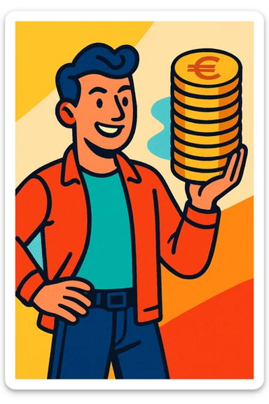 a modern man confidently holding a stack of euro coins, representing excellent money habits, vibrant contemporary style sticker