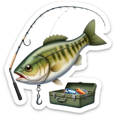 Icon for Fishing: a fishing rod with a line in the water, a tackle box, a fish on the hook, and a peaceful lake or river background. The icon should capture the calm and skill of fishing. Transparent background. sticker