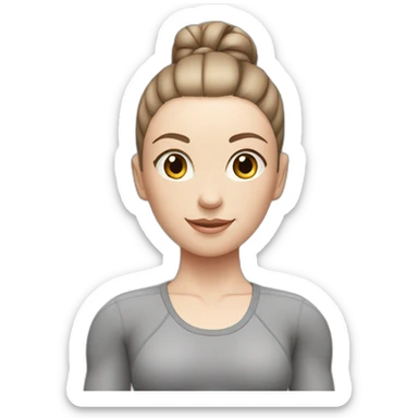 Pale skinned fit woman In a gray tight yoga suit and wristbands With brown hair in a bun  sticker