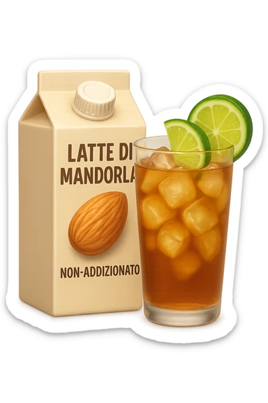 emoji stile iphone di un pacco di latte di mandorla non addizionato accanto ad un bicchiere di vetro di tè freddo con fettine di cetriolo e lime
IPERREALISTICO 4K sticker