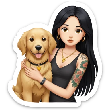girl with long black  straight hair and chest tattoos and  a golden retriever sticker