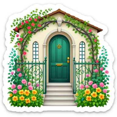 iron fence house entrance with vines, flowers and garden sticker