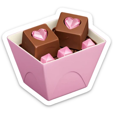 Two square milk chocolate Each of the two chocolates will have its own pralines only, Each praline is a sharp-edged cube with smooth glossy chocolate coating, placed in a small white fluted paper candy cup. On top of each cube is a flat pastel pink heart-shapedwith fine sugar crystal sparkle. sticker