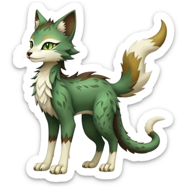 Kawaii dark edgy brown beige white fantasy ethereal feline-vernid-sergal-fursona animal creature with a tufted tail full body with intricate markings, hazel-gold-green eyes sticker