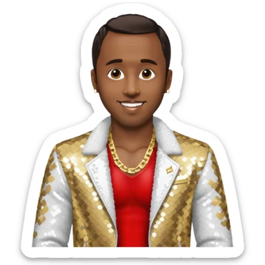 P. Diddy with dark brown hair, white sequin jacket, shirtless with necklace sticker