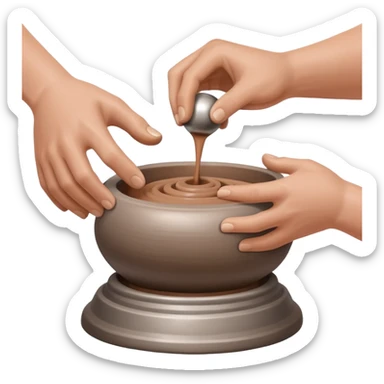 two hands kneading a ball of clay hovering above a silver pottery wheel without touching the wheel sticker