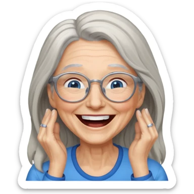 Older woman with long gray hair and blue eyes and glasses laughing sticker