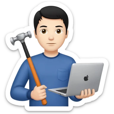 White man with black hair holding a laptop computer in one hand and a hammer in the other hand  sticker
