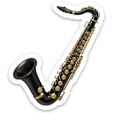 Create a detailed and unique emoji representing a black clarinet with a saxophone-style mouthpiece. The design should feature the sleek, dark wood finish of the clarinet, with its shiny metal keys clearly visible, but at the top, include the large, curved mouthpiece typical of a saxophone. The mouthpiece should have a reed, similar to the one used in a saxophone, with subtle details to indicate its function. Use dark wood tones for the body of the instrument and silver or brass accents for the keys. Add small musical notes or soundwaves around the instrument to evoke its smooth, melodic sound. The background should be transparent sticker