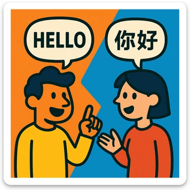 two cartoon people talking, one with English text, one with Chinese text in their speech bubbles sticker