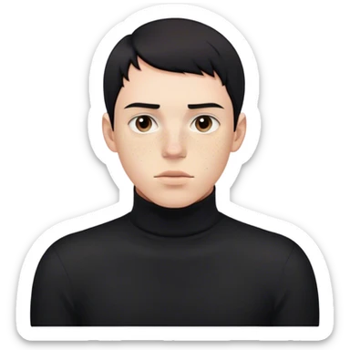 A young man with short, jet-black hair and pale freckles, wearing a sleek black turtleneck, staring blankly at the viewer sticker