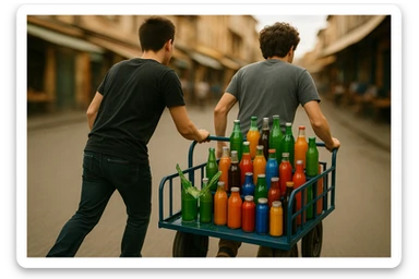 endi shu aravani bir balonchasi singan ko'rinishda va aka uka uning yonida turganini tasvirla yuzlari ko'rinmasin sticker