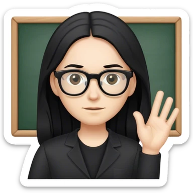 pale teacher with long black hair, wearing glasses and black shirt teaching sticker