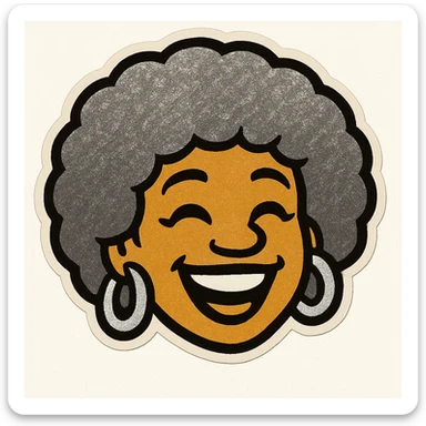 Create a 1970s disco emoji of just the head of a female African American, inspired by the references, using only gold, silver, black, and white. Show a joyful expression, afro hairstyle, and disco earrings in these colors, in a vibrant pop colors style. sticker